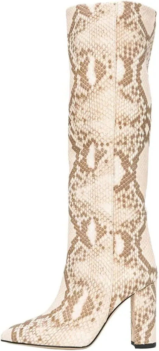 Goolita Women's Knee High Snakeskin Boots Chunky Heel Wide Calf Pull on Long Bootie