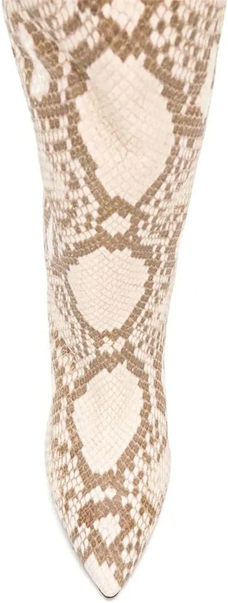 Goolita Women's Knee High Snakeskin Boots Chunky Heel Wide Calf Pull on Long Bootie