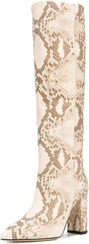 Goolita Women's Knee High Snakeskin Boots Chunky Heel Wide Calf Pull on Long Bootie