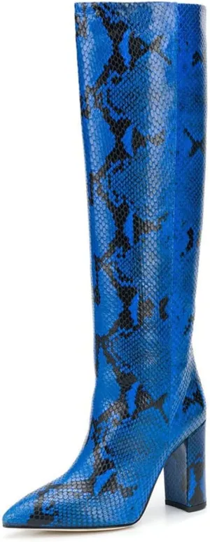 Goolita Women's Knee High Snakeskin Boots Chunky Heel Wide Calf Pull on Long Bootie
