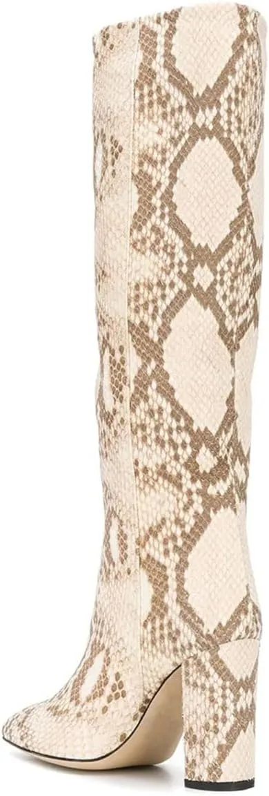 Goolita Women's Knee High Snakeskin Boots Chunky Heel Wide Calf Pull on Long Bootie