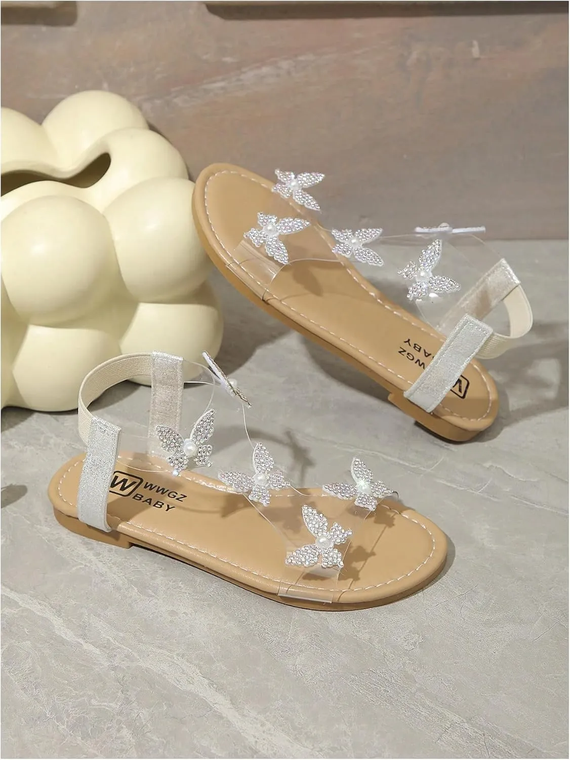 GORGLITTER Girl's Sandals Clear Butterfly Rhinestone Glitter Ankle Strap Flat Sandals Summer Beach Vacation Sandal