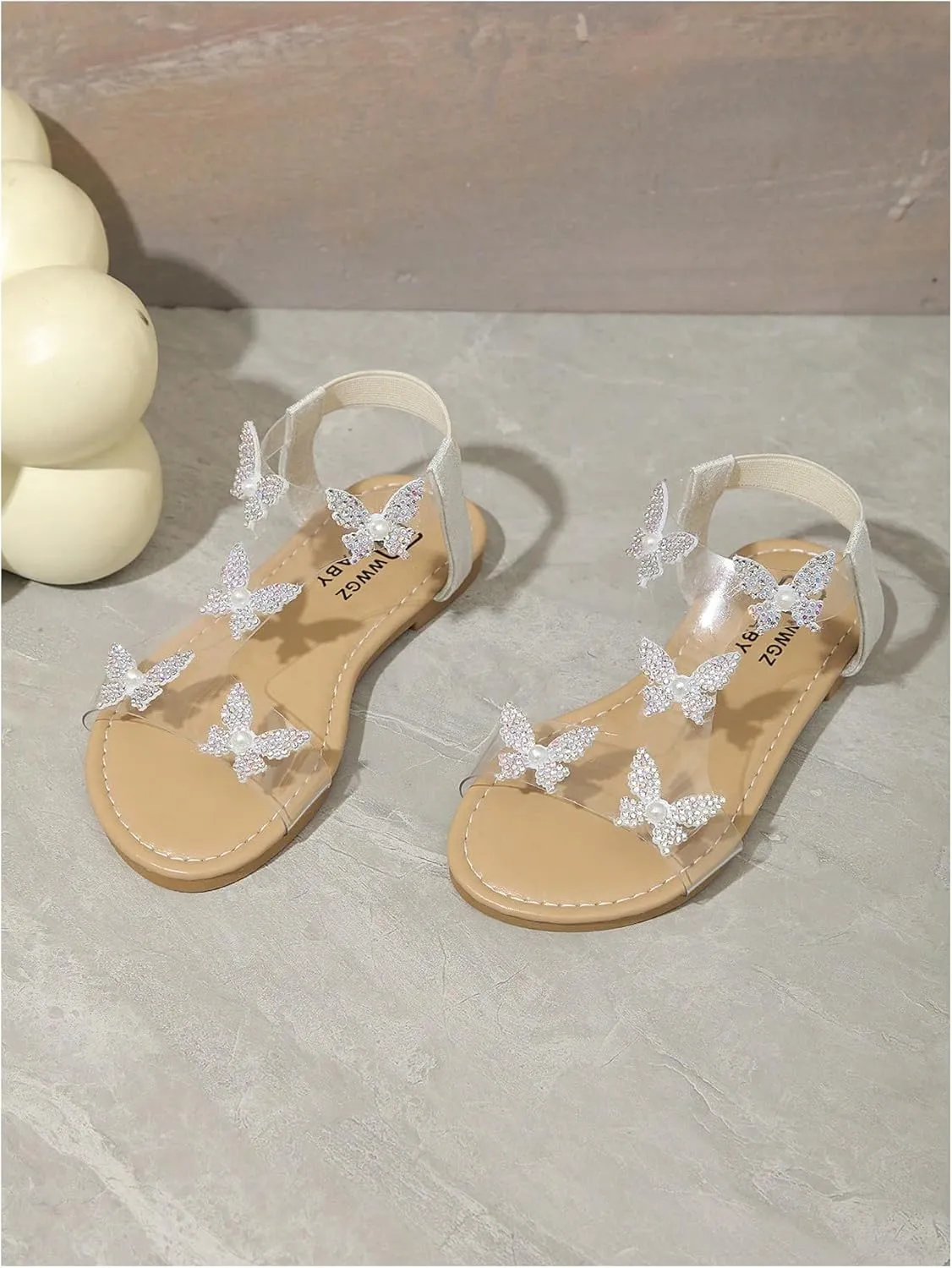 GORGLITTER Girl's Sandals Clear Butterfly Rhinestone Glitter Ankle Strap Flat Sandals Summer Beach Vacation Sandal