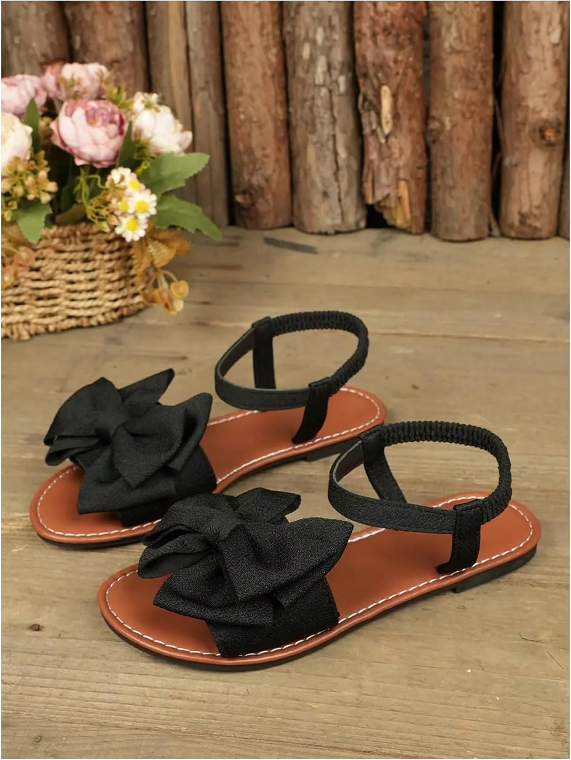 GORGLITTER Women's Bow Flat Sandals 2025 Dressy Open Toe Ankle Strap Summer Vacation Slides Shoes