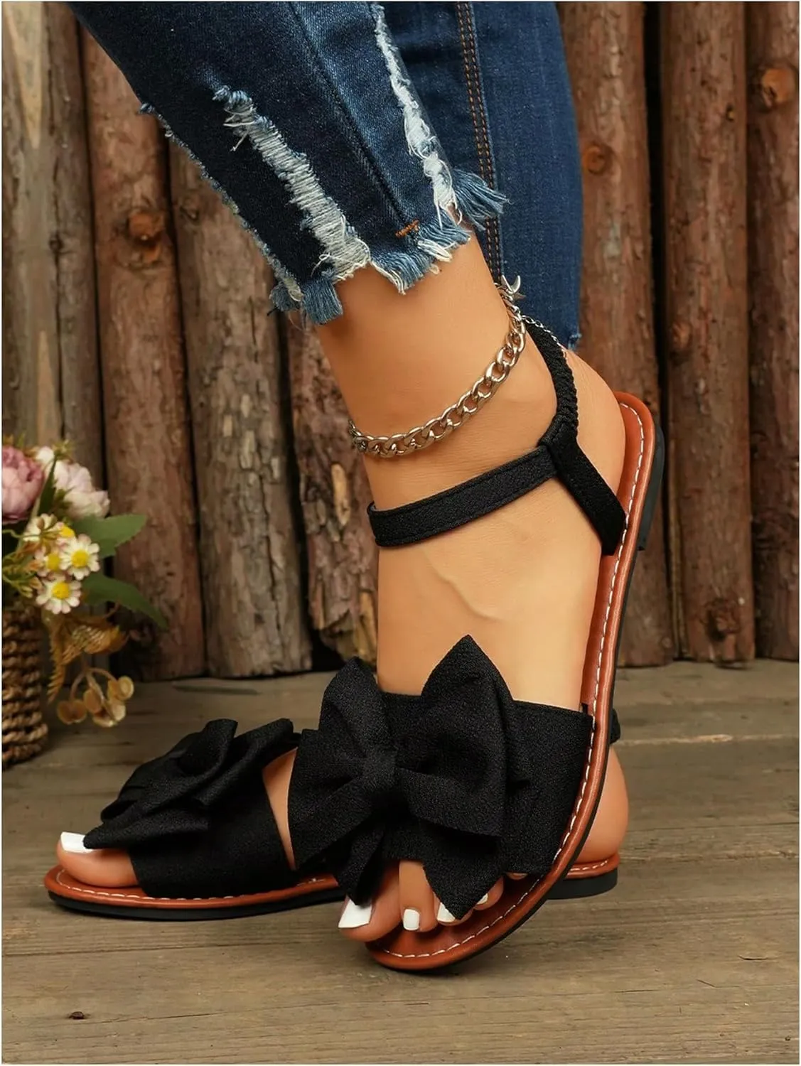 GORGLITTER Women's Bow Flat Sandals 2025 Dressy Open Toe Ankle Strap Summer Vacation Slides Shoes