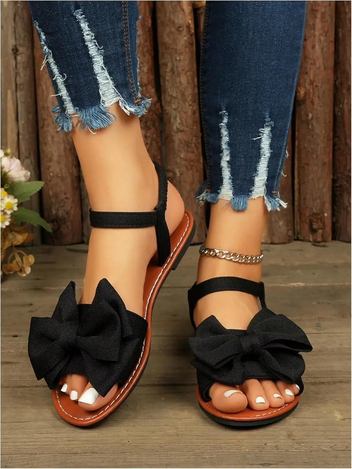 GORGLITTER Women's Bow Flat Sandals 2025 Dressy Open Toe Ankle Strap Summer Vacation Slides Shoes