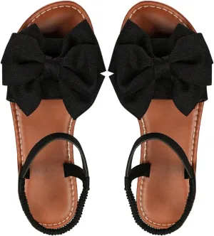 GORGLITTER Women's Bow Flat Sandals 2025 Dressy Open Toe Ankle Strap Summer Vacation Slides Shoes