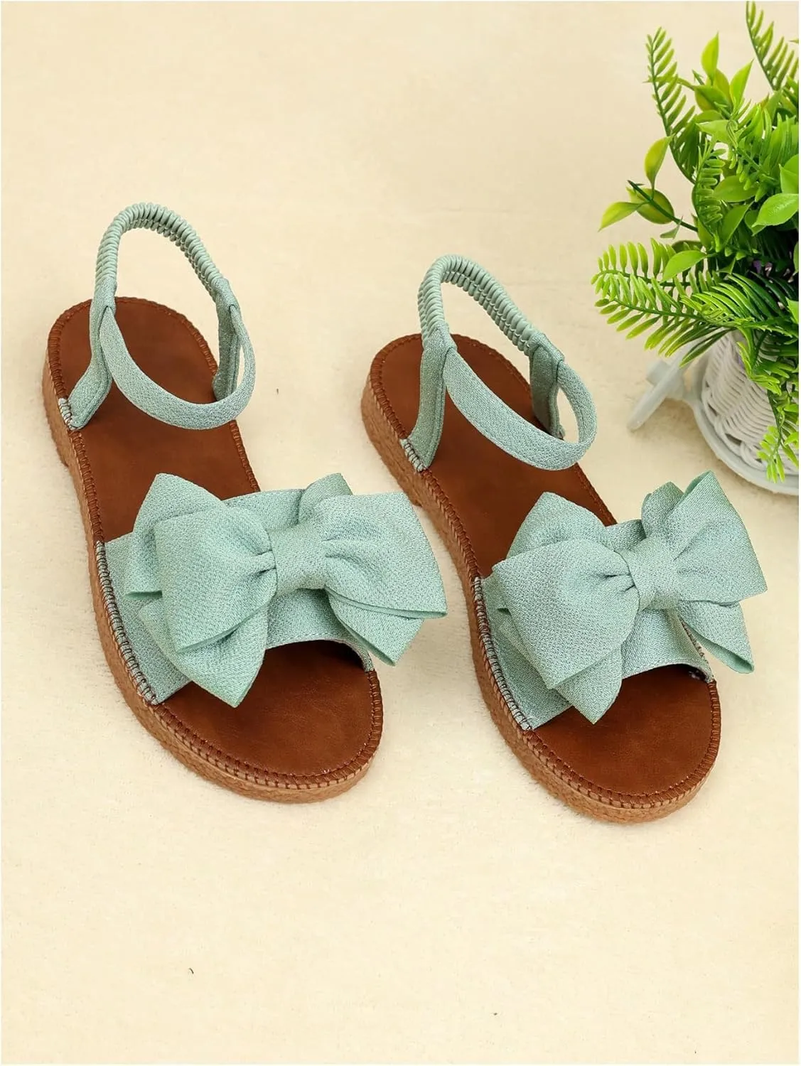 GORGLITTER Women's Bow Flat Sandals 2025 Dressy Open Toe Ankle Strap Summer Vacation Slides Shoes