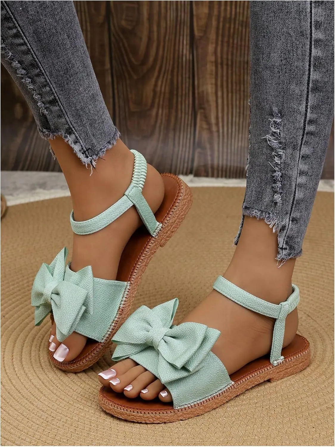 GORGLITTER Women's Bow Flat Sandals 2025 Dressy Open Toe Ankle Strap Summer Vacation Slides Shoes