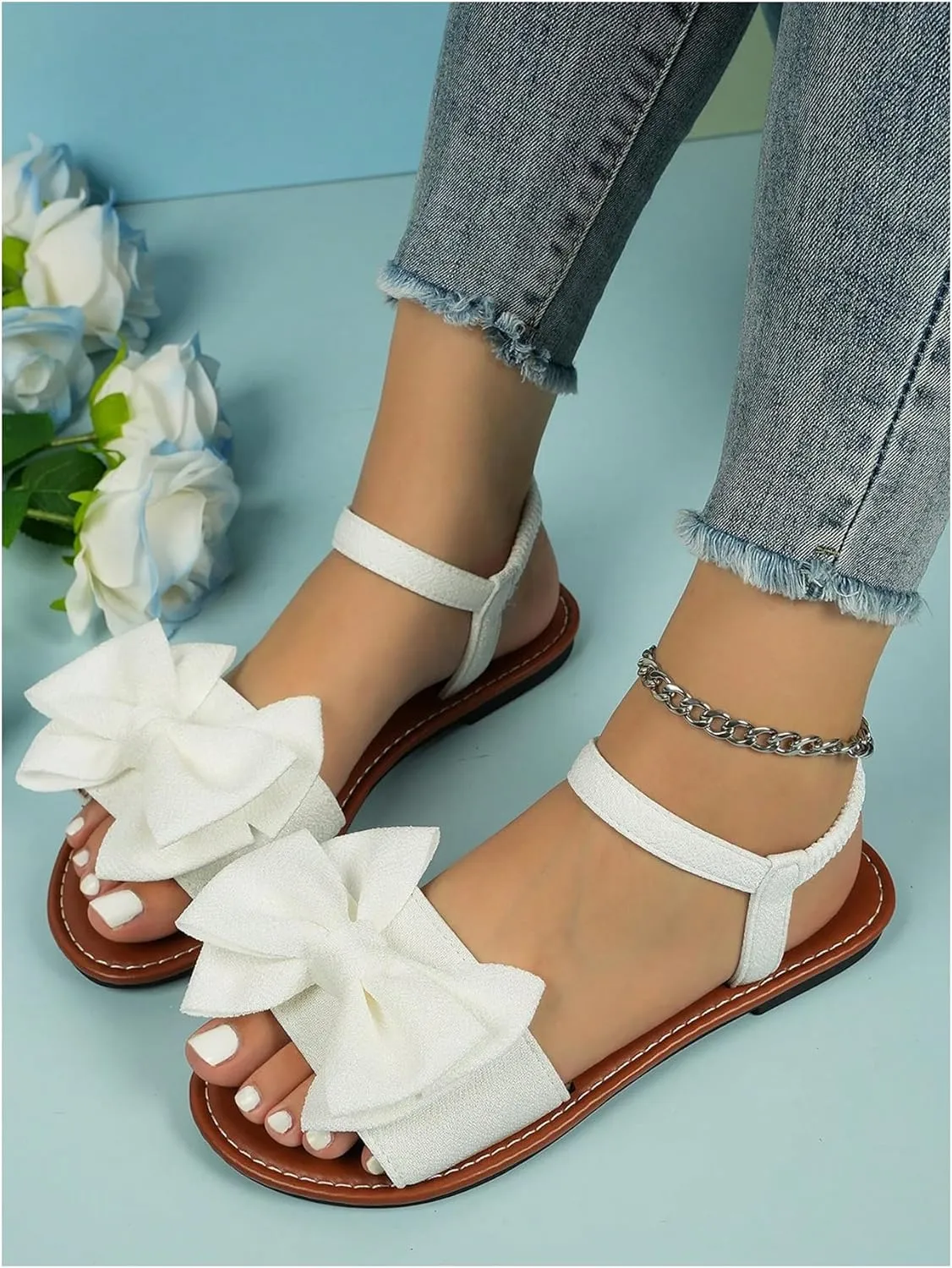 GORGLITTER Women's Bow Flat Sandals 2025 Dressy Open Toe Ankle Strap Summer Vacation Slides Shoes