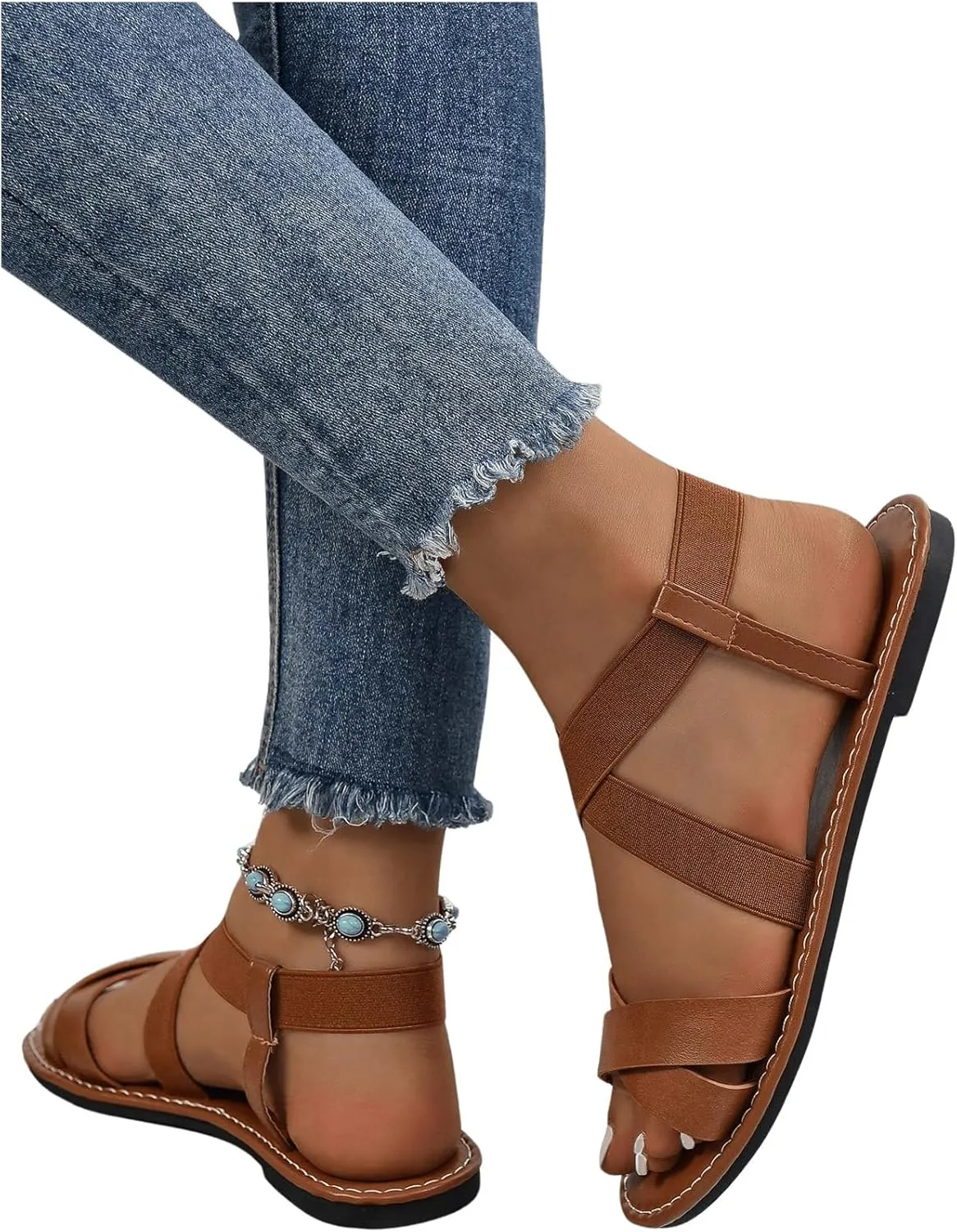GORGLITTER Women's Criss Cross Gladiator Sandals Dressy Summer Cute Ankle Strap Open Toe Flat Sandals