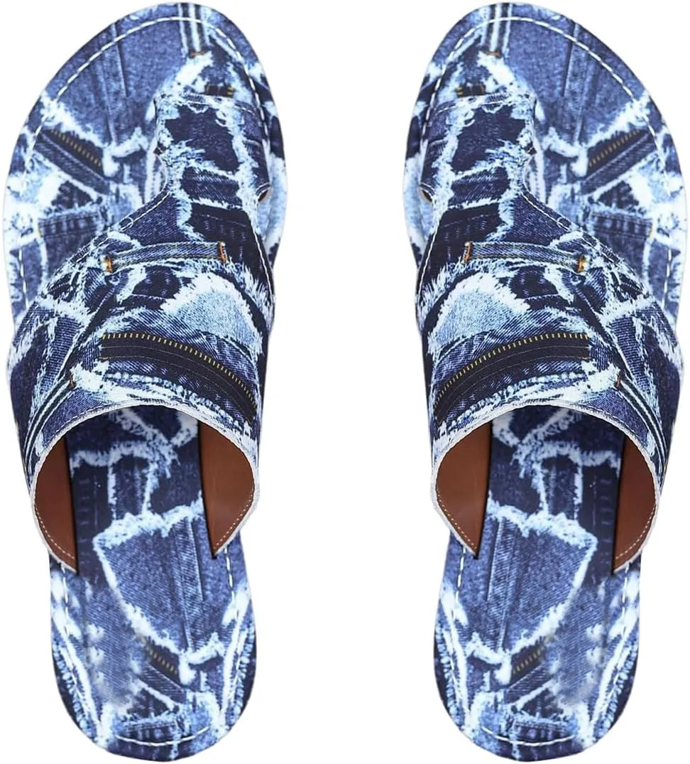 GORGLITTER Women's Denim Jean Thong Flat Sandals Open Toe Cut Out Wide Width Vacation Slide Sandals