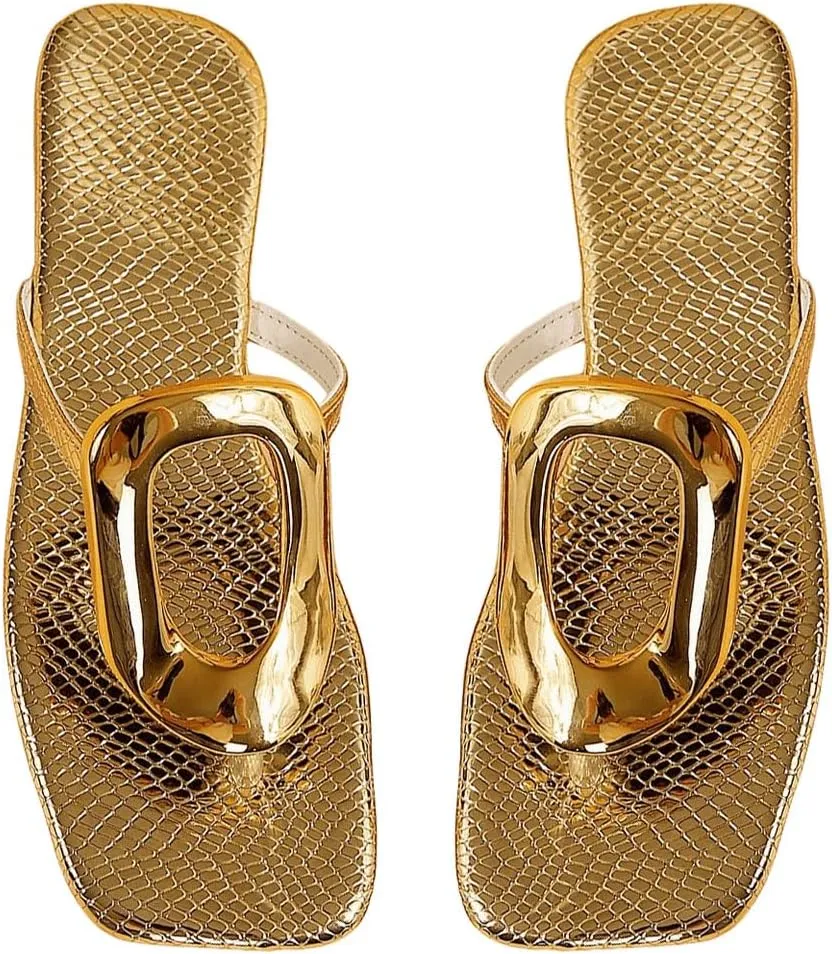 GORGLITTER Women's Gold Flip Flops Thong Flat Sandals 2025 Dressy Summer Vacation Open Toe Slides