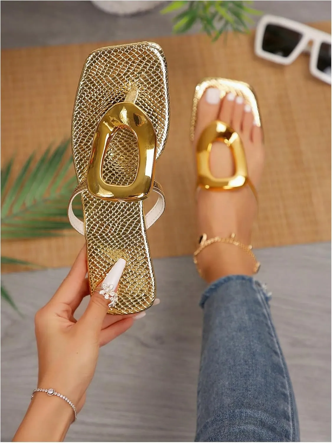 GORGLITTER Women's Gold Flip Flops Thong Flat Sandals 2025 Dressy Summer Vacation Open Toe Slides