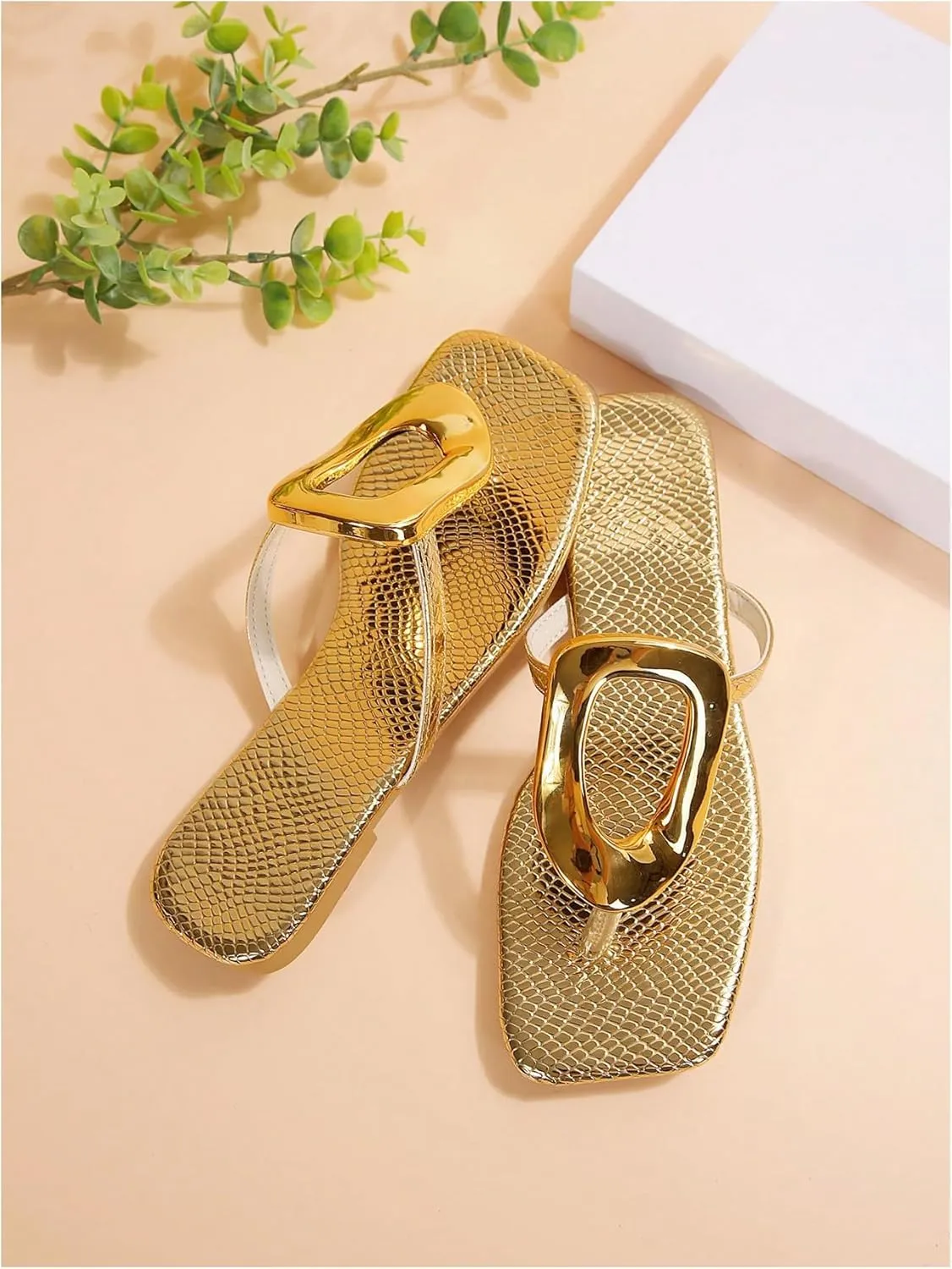 GORGLITTER Women's Gold Flip Flops Thong Flat Sandals 2025 Dressy Summer Vacation Open Toe Slides