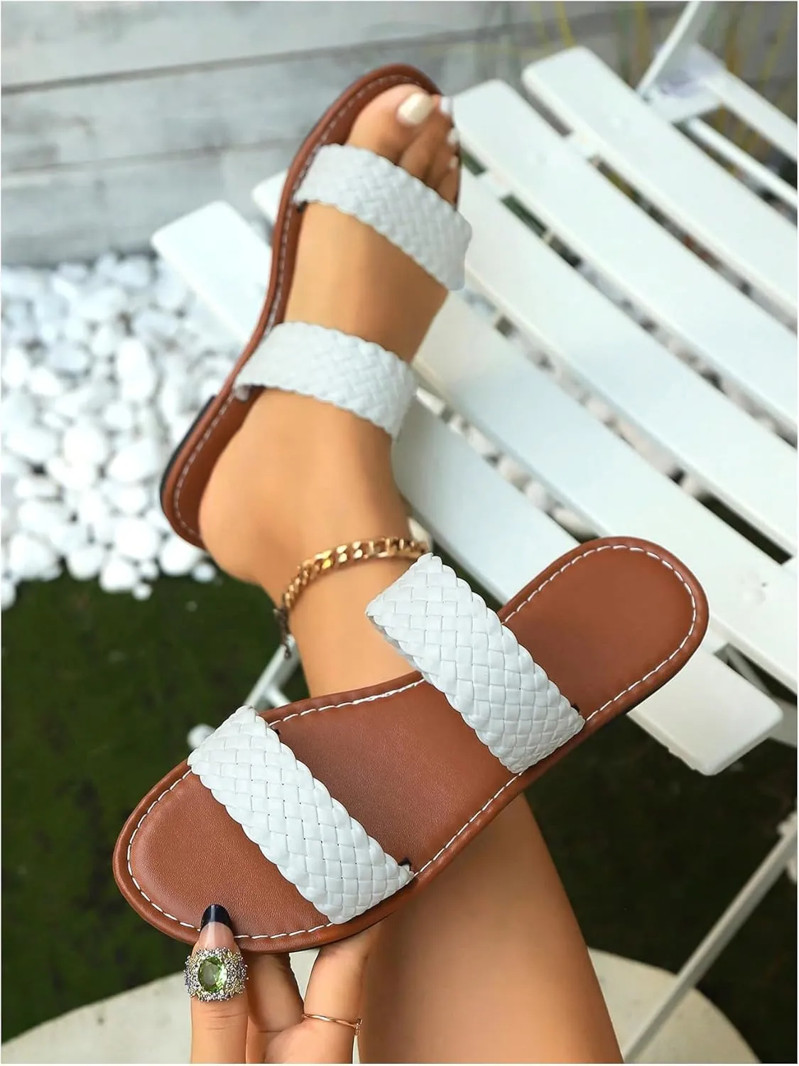 GORGLITTER Women's Leather Braided Sandal Dressy Cute Slippers Open Toe Slip on Slide Summer Vacation Sandals 2025