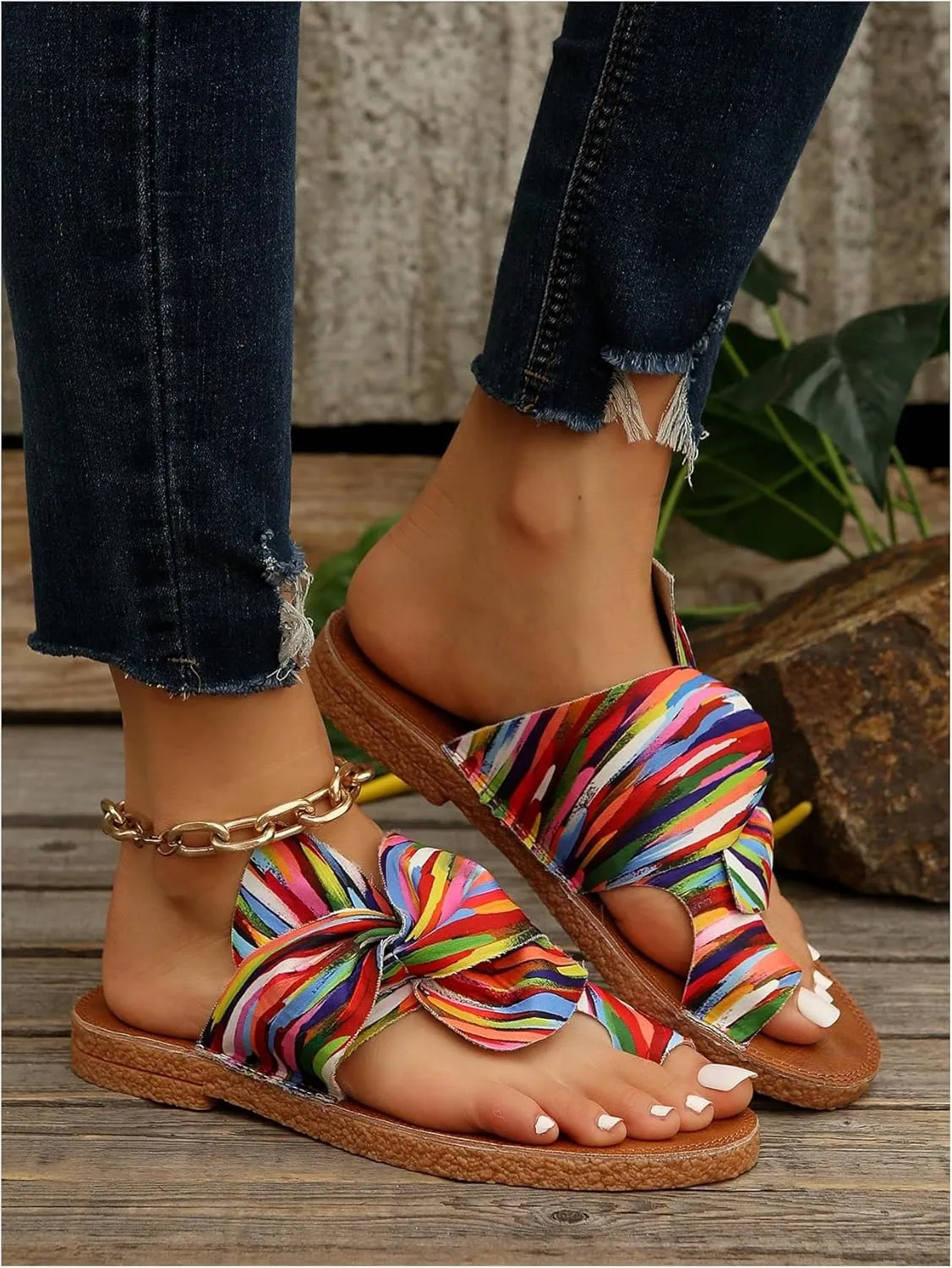 GORGLITTER Women's Rainbow Bow Tie Flat Beach Sandals 2025 Vacation Open Toe Thong Sandals Summer Slides Shoes