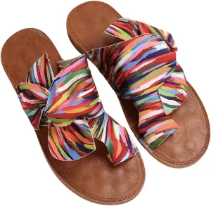 GORGLITTER Women's Rainbow Bow Tie Flat Beach Sandals 2025 Vacation Open Toe Thong Sandals Summer Slides Shoes