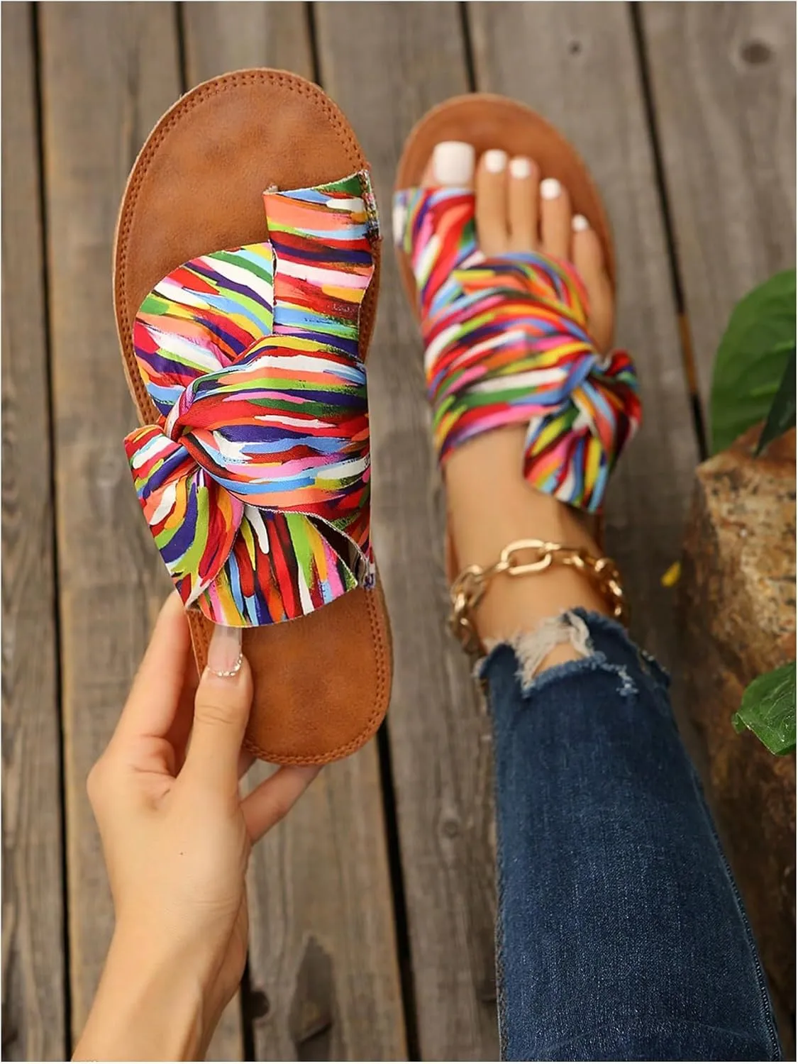 GORGLITTER Women's Rainbow Bow Tie Flat Beach Sandals 2025 Vacation Open Toe Thong Sandals Summer Slides Shoes