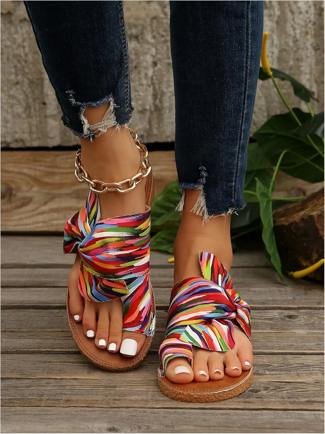 GORGLITTER Women's Rainbow Bow Tie Flat Beach Sandals 2025 Vacation Open Toe Thong Sandals Summer Slides Shoes