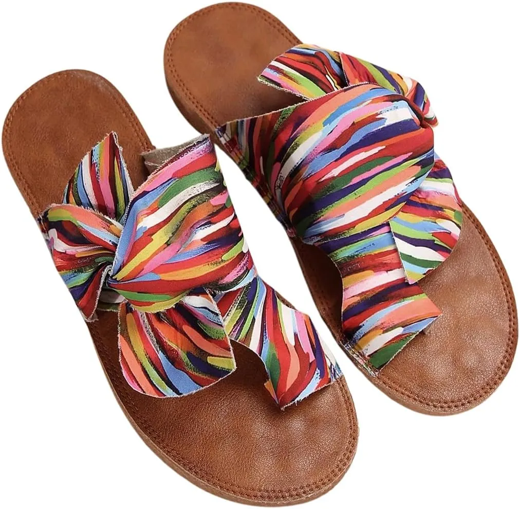 GORGLITTER Women's Rainbow Bow Tie Flat Beach Sandals 2025 Vacation Open Toe Thong Sandals Summer Slides Shoes