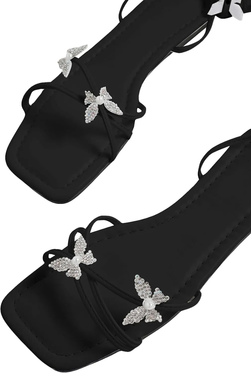 GORGLITTER Women's Sparkly Butterfly Lace Up Flat Sandals Criss Cross Strappy Tie Up Slide Sandals