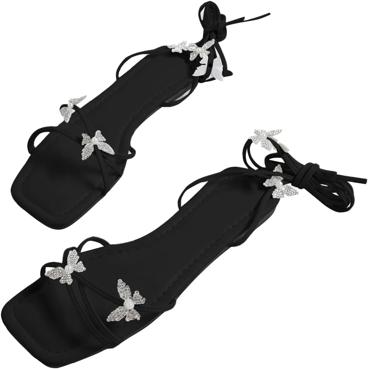 GORGLITTER Women's Sparkly Butterfly Lace Up Flat Sandals Criss Cross Strappy Tie Up Slide Sandals