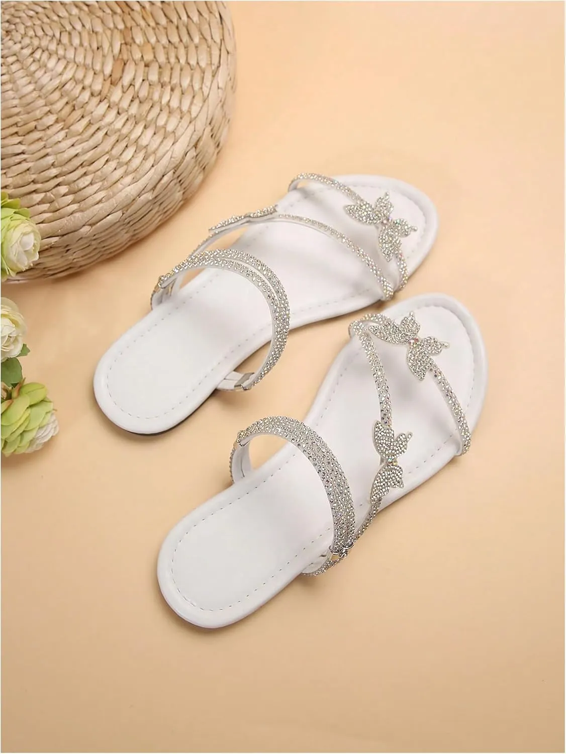 GORGLITTER Women's Sparkly Rhinestone Flat Sandals Glitter Bling Butterfly Strappy Open Toe Slides