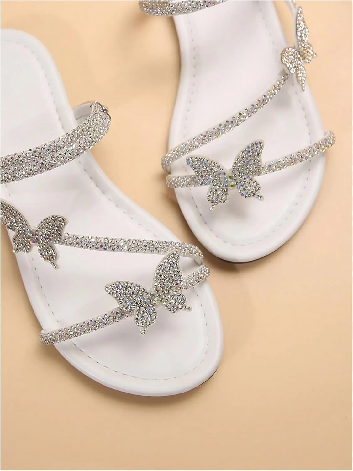 GORGLITTER Women's Sparkly Rhinestone Flat Sandals Glitter Bling Butterfly Strappy Open Toe Slides