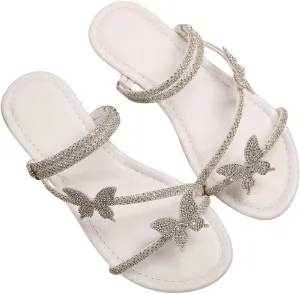 GORGLITTER Women's Sparkly Rhinestone Flat Sandals Glitter Bling Butterfly Strappy Open Toe Slides