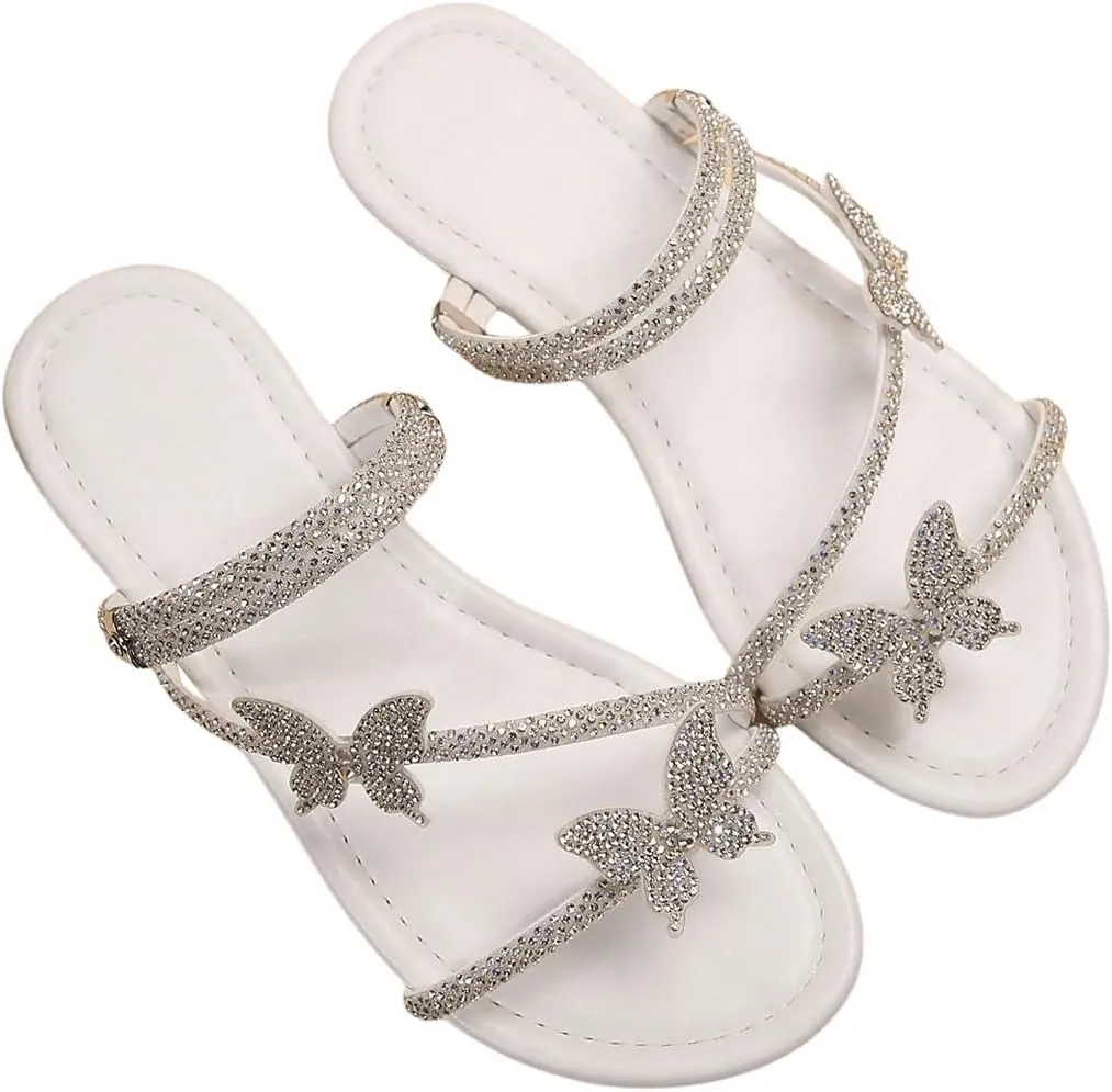 GORGLITTER Women's Sparkly Rhinestone Flat Sandals Glitter Bling Butterfly Strappy Open Toe Slides