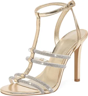 GOSERCE Gold Silver Sandals for Women Dressy Sparkly Rhinestone Sandals High Heeled Ankle Strap Heels Peep Open Pointed Toe Stiletto Comfortable Bride Wedding Dress Prom Party
