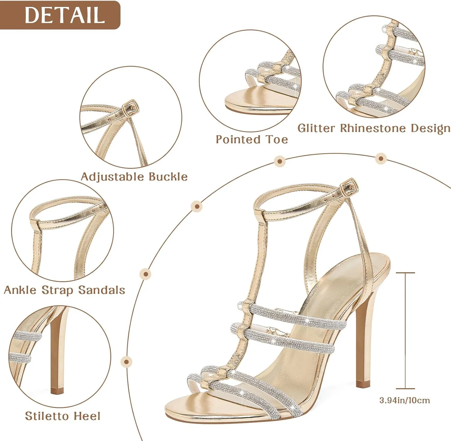 GOSERCE Gold Silver Sandals for Women Dressy Sparkly Rhinestone Sandals High Heeled Ankle Strap Heels Peep Open Pointed Toe Stiletto Comfortable Bride Wedding Dress Prom Party
