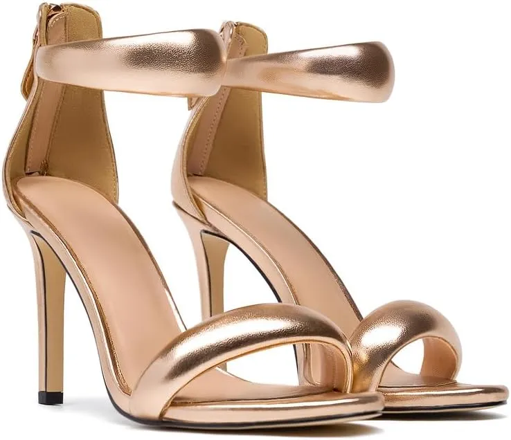 GOSERCE Women's Ankle Strap Stiletto Heels Sandals With Rhinestone Back Zipper Round Open Toe High Heels Prom Party Sexy Heeled Sandals