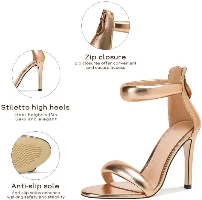 GOSERCE Women's Ankle Strap Stiletto Heels Sandals With Rhinestone Back Zipper Round Open Toe High Heels Prom Party Sexy Heeled Sandals