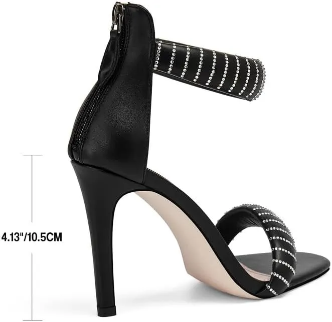 GOSERCE Women's Ankle Strap Stiletto Heels Sandals With Rhinestone Back Zipper Round Open Toe High Heels Prom Party Sexy Heeled Sandals