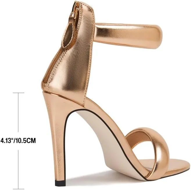 GOSERCE Women's Ankle Strap Stiletto Heels Sandals With Rhinestone Back Zipper Round Open Toe High Heels Prom Party Sexy Heeled Sandals