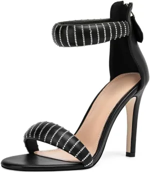 GOSERCE Women's Ankle Strap Stiletto Heels Sandals With Rhinestone Back Zipper Round Open Toe High Heels Prom Party Sexy Heeled Sandals
