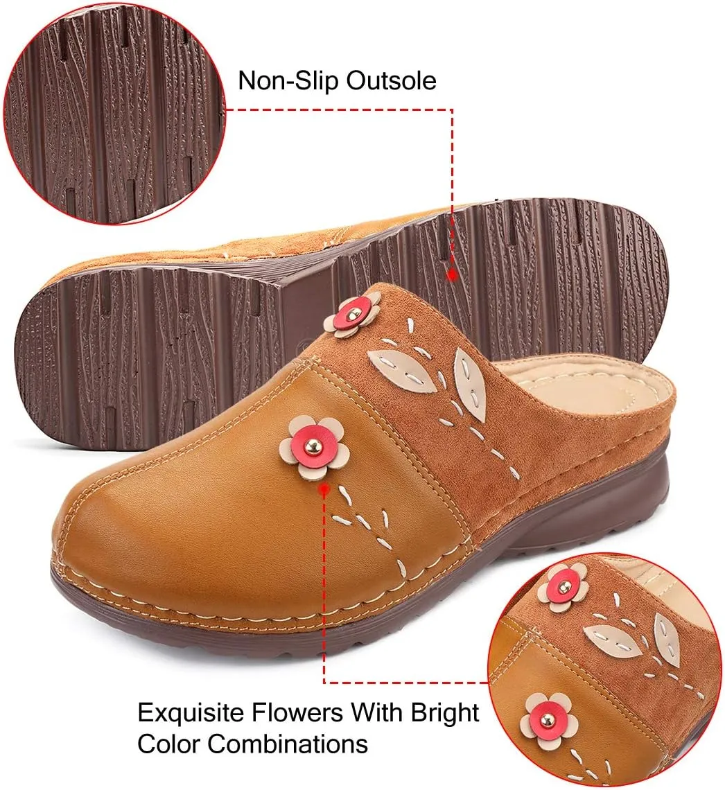 gracosy Clogs Shoes for Women, Summer Leather Slippers Comfort Work Clogs Slip on Loafers Wide Fit Mules Antil Slip Beach Shoes Flowers Wedge Sandals