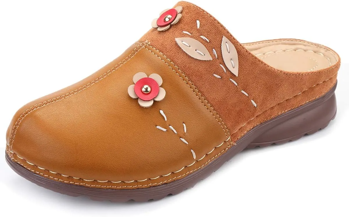 gracosy Clogs Shoes for Women, Summer Leather Slippers Comfort Work Clogs Slip on Loafers Wide Fit Mules Antil Slip Beach Shoes Flowers Wedge Sandals