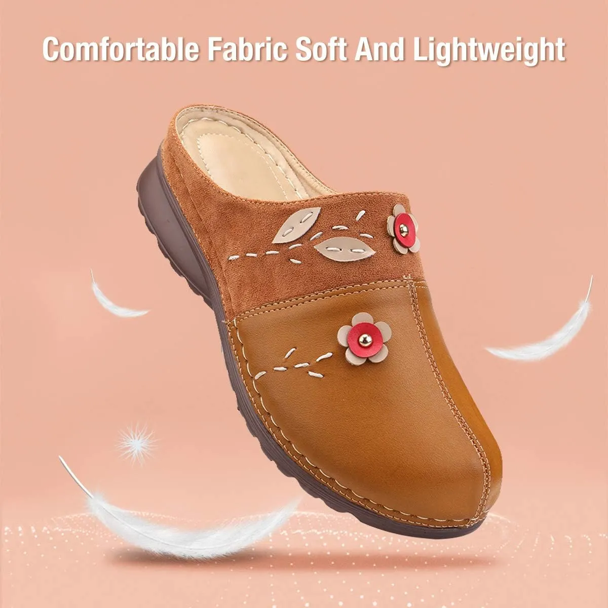 gracosy Clogs Shoes for Women, Summer Leather Slippers Comfort Work Clogs Slip on Loafers Wide Fit Mules Antil Slip Beach Shoes Flowers Wedge Sandals
