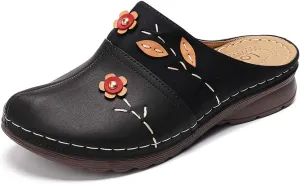 gracosy Clogs Shoes for Women, Summer Leather Slippers Comfort Work Clogs Slip on Loafers Wide Fit Mules Antil Slip Beach Shoes Flowers Wedge Sandals