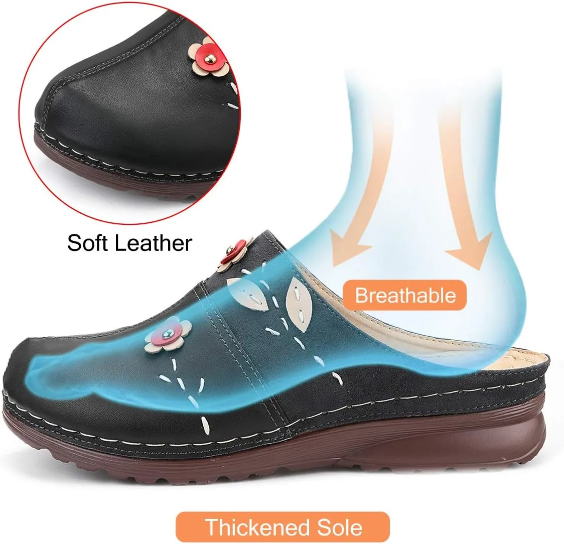 gracosy Clogs Shoes for Women, Summer Leather Slippers Comfort Work Clogs Slip on Loafers Wide Fit Mules Antil Slip Beach Shoes Flowers Wedge Sandals