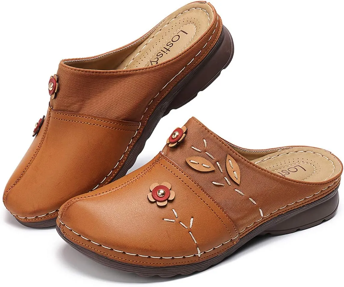 gracosy Clogs Shoes for Women, Summer Leather Slippers Comfort Work Clogs Slip on Loafers Wide Fit Mules Antil Slip Beach Shoes Flowers Wedge Sandals