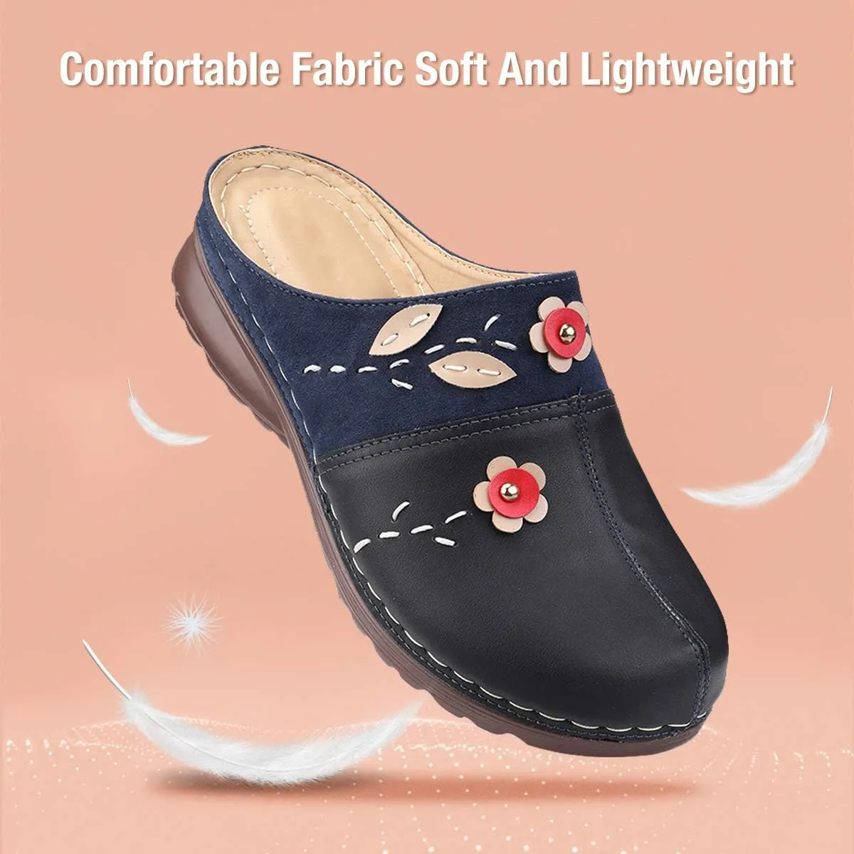 gracosy Clogs Shoes for Women, Summer Leather Slippers Comfort Work Clogs Slip on Loafers Wide Fit Mules Antil Slip Beach Shoes Flowers Wedge Sandals