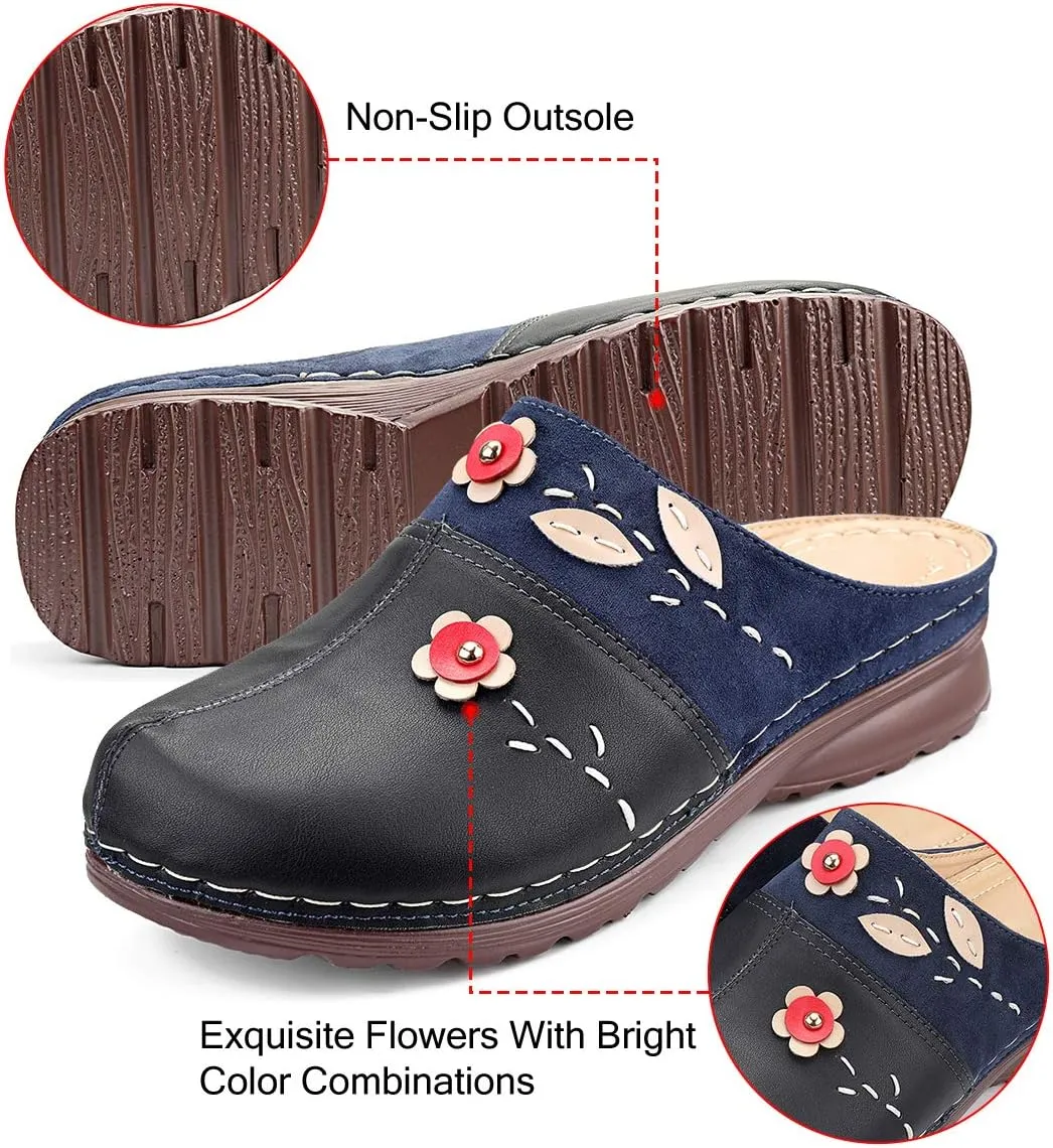 gracosy Clogs Shoes for Women, Summer Leather Slippers Comfort Work Clogs Slip on Loafers Wide Fit Mules Antil Slip Beach Shoes Flowers Wedge Sandals