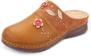 gracosy Clogs Shoes for Women, Summer Leather Slippers Comfort Work Clogs Slip on Loafers Wide Fit Mules Antil Slip Beach Shoes Flowers Wedge Sandals