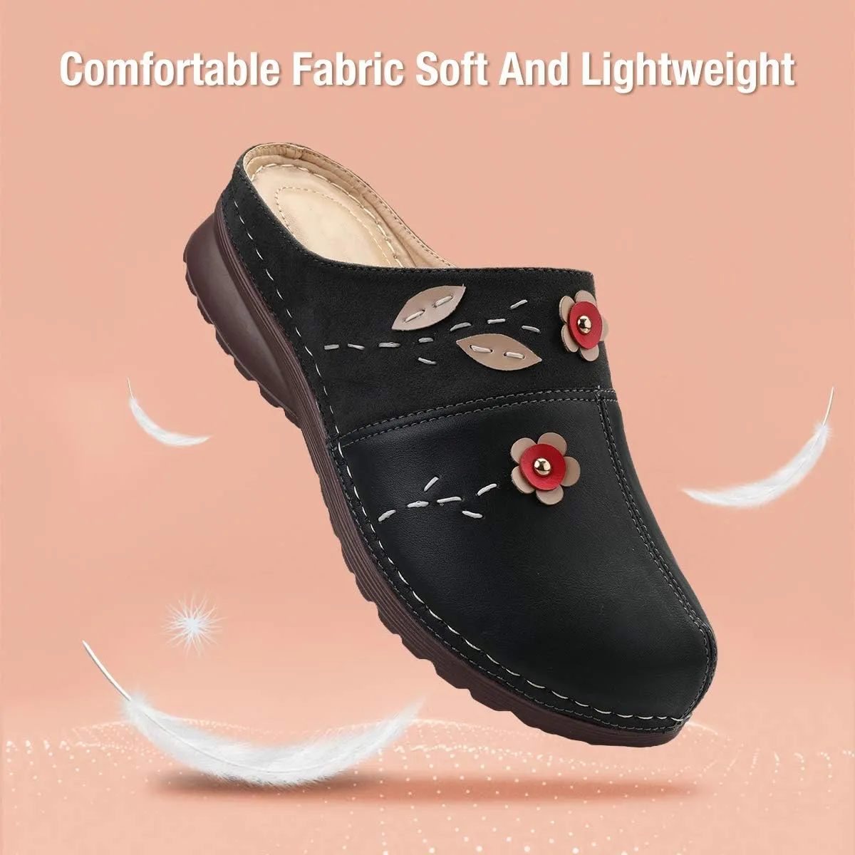 gracosy Clogs Shoes for Women, Summer Leather Slippers Comfort Work Clogs Slip on Loafers Wide Fit Mules Antil Slip Beach Shoes Flowers Wedge Sandals