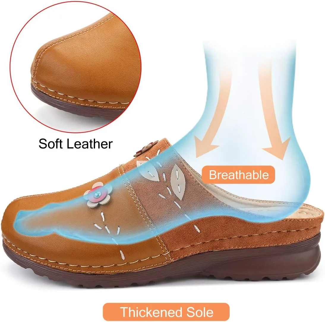 gracosy Clogs Shoes for Women, Summer Leather Slippers Comfort Work Clogs Slip on Loafers Wide Fit Mules Antil Slip Beach Shoes Flowers Wedge Sandals