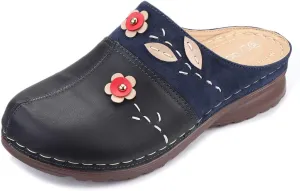 gracosy Clogs Shoes for Women, Summer Leather Slippers Comfort Work Clogs Slip on Loafers Wide Fit Mules Antil Slip Beach Shoes Flowers Wedge Sandals